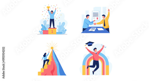 Success and achievement concepts with people celebrating victory, climbing stairs, handshake deal, and graduation celebration, ideal for business and education projects