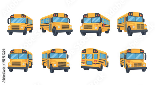 Yellow school bus set vector illustration showing multiple perspectives and angles, perfect for educational and transportation design projects