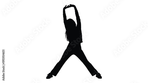 Silhouette of a person performing a dynamic stretching exercise with arms raised isolated on white background, Vector