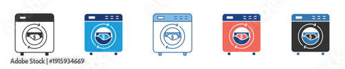 Collection of modern washing machine icons in various design styles, perfect for representing laundry services, household appliances, and cleaning technology in digital interfaces and graphic projects
