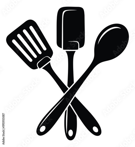 Graphic kitchen tools set featuring a slotted spatula, a silicone spatula, and a spoon for cooking and baking
