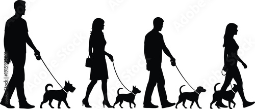 People walking dogs silhouette set showing pet owners exercising outdoors, daily routine, companionship, and healthy lifestyle concept