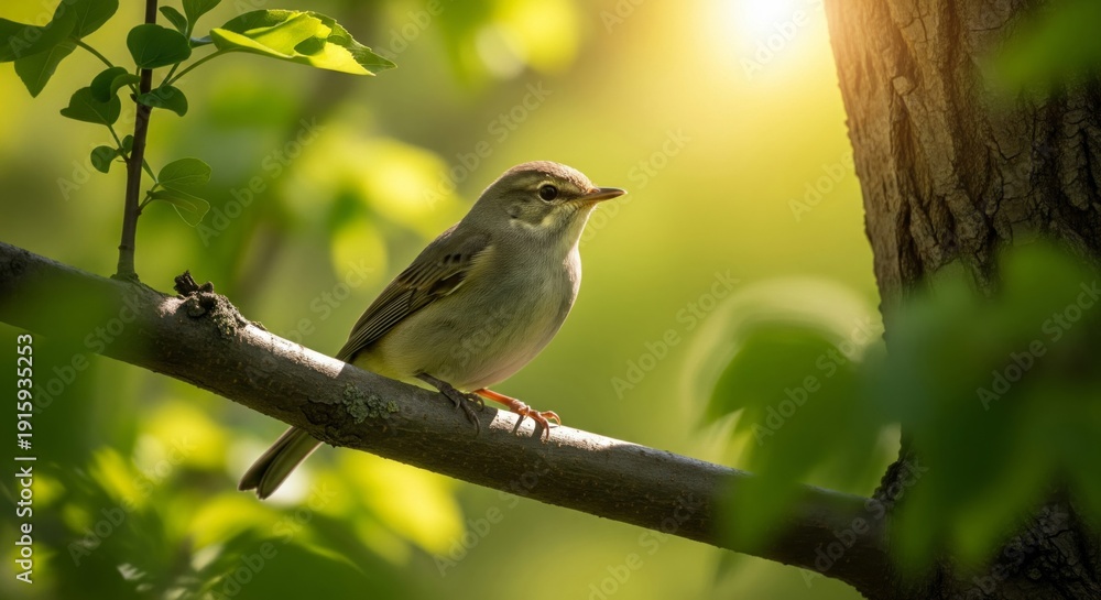 Obraz premium Small Bird on Branch with Sunlight Shining Through Green Leaves