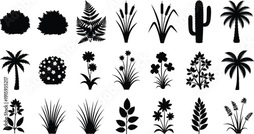 Plant and foliage silhouettes set including trees bushes flowers grass cactus and palm nature elements