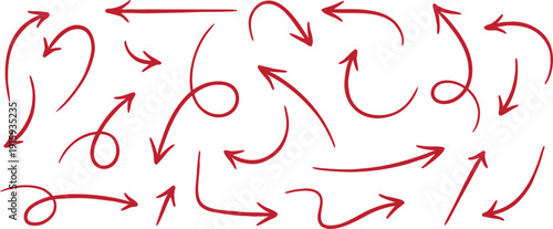 Red curved arrow set with hand drawn swirling directional lines. Dynamic flow arrows for process diagrams, infographics, or creative layouts. Expressive circular arrow collection isolated on white.