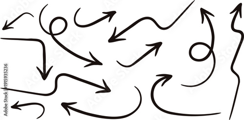 Black hand drawn arrows with curved and straight directional lines. Expressive sketch pointers for navigation, process diagrams, or creative layouts. Minimal doodle arrow collection isolated on light 