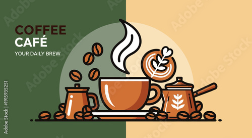 Stylized Vector Illustration of a Warm Coffee Cafe Scene with Steaming Cup, Latte Art, and Scattered Coffee Beans for a Daily Morning Brew