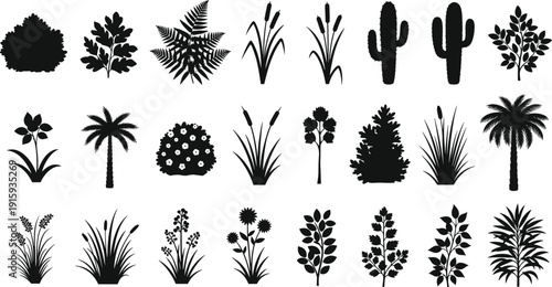 Plant and Tree Silhouette Icon Set with Bushes, Flowers, Grass, Cactus, Ferns, and Tropical Plants