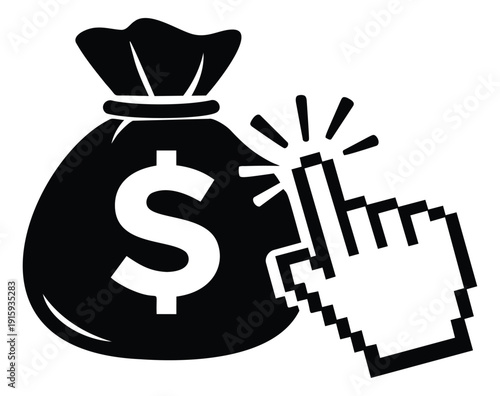 Flat design illustration of a money bag and clicking cursor depicting online income for financial concepts