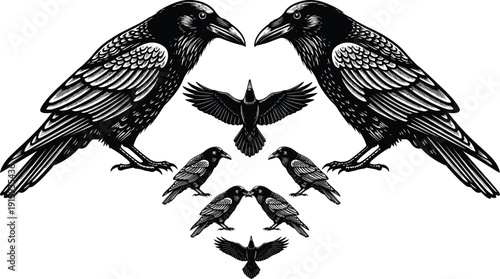 Raven and Crow Silhouette Collection with Flying and Perched Birds Isolated on White Background Vector Illustration