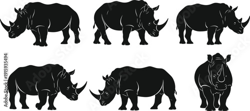 Rhinoceros Silhouette Set Vector Illustration Wild Animal Rhino Wildlife Safari Mammal Collection Design Pack