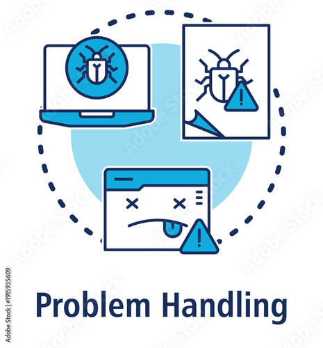 Problem Handling blue concept icon with Bug, Bug Report, Error 404.