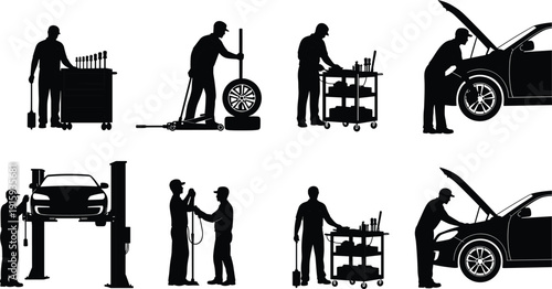 Set of Auto Mechanic Silhouettes Performing Car Repair Maintenance and Diagnostic Work in Professional Workshop Environment