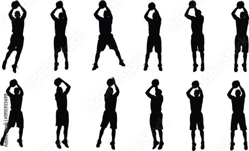 Set of basketball player shooting jump shot silhouettes isolated on white background for sports training and design