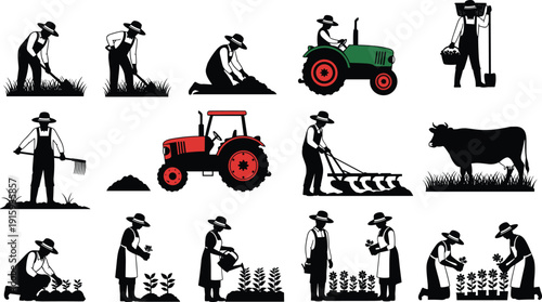 Set of farmer silhouettes working in agriculture with tractors, crops, animals and gardening activities, rural farming illustration