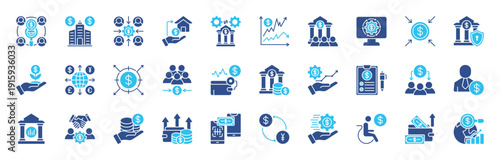 Banking Services color style icon set editable stroke. Containing bank, advisor, money, insurance, foreign exchange, mutual funds and more. Vector illustration eps 10