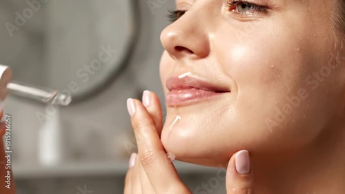 Young Woman Applies Hydrating Facial Serum with Dropper for Glowing Skin