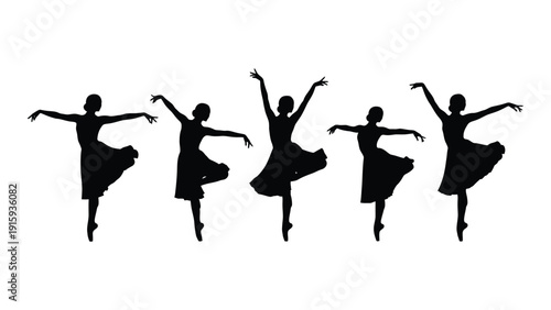 Five dancers in mid-movement with flowing dresses and arms outstretched isolated on white background, Vector