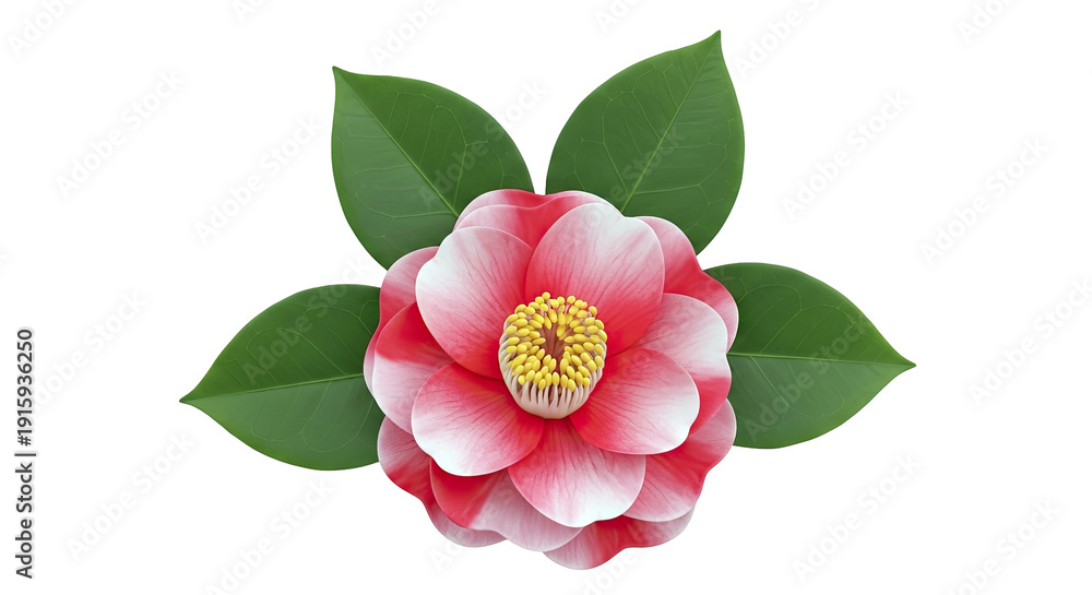 Fototapeta premium Pink and white camellia flower with green leaves on a white background