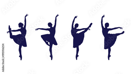 Four ballet dancers performing a synchronized routine on stage isolated on white background, Vector