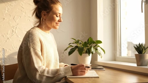 Young Woman Writing in Notebook and Looking Out Sunny Window at Home