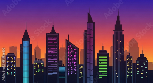 Vibrant city skyline with colorful skyscrapers at sunset modern urban landscape with illuminated buildings and purple pink orange gradient sky