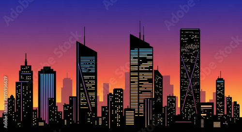 City skyline at sunset with modern skyscrapers and vibrant purple pink and orange gradient sky urban landscape with illuminated buildings