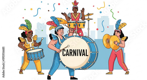 Four musicians playing drums and horn at vibrant carnival celebration with colorful confetti