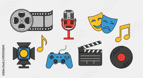 Entertainment icons collection with film music and gaming symbols on gray background
