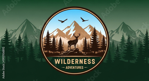 Wilderness adventure logo with deer mountains trees and birds in a circular emblem on a dark green background