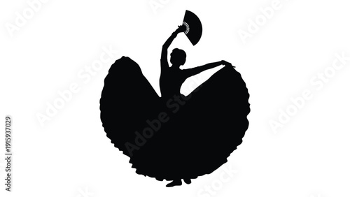 Elegant silhouette of a flamenco dancer in a flowing dress and hat isolated on white background, Vector