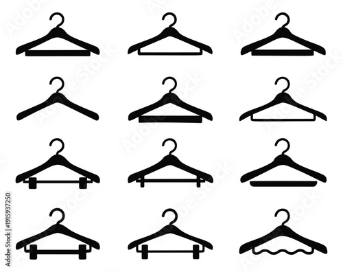 Iconic black silhouette garment hanger set featuring various designs for fashion, retail, and wardrobe organization