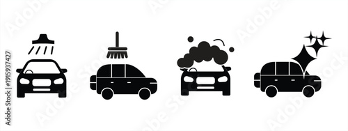 Vector icon set illustrating the car wash process: rinsing, soaping, scrubbing, and polishing. Minimalist flat design for auto cleaning services.