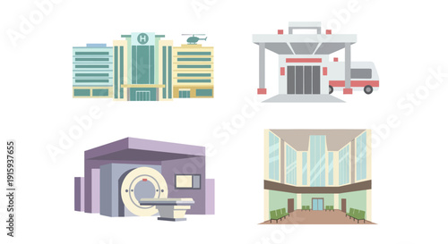 Medical hospital with helicopter pad, ambulance bay, MRI scanner, and waiting room interior, healthcare facility elements for medical design
