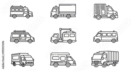 Outline icons of various delivery and utility trucks collection, courier and service vehicles for transport and logistics design