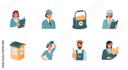 Set of diverse professional people icons including businesswoman, deliveryman, baker, engineer, nurse, artist, and mailbox illustration, perfect for business use