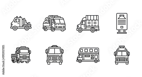 Set of eight black and white delivery truck and transportation vehicle icons with simple line art style, perfect for logistics and transport design projects