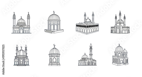 Set of eight detailed Islamic mosque and shrine line art illustrations with domes and minarets, perfect for cultural and religious design projects