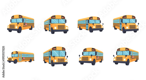 Set of eight yellow school bus illustrations from different angles, ideal for education, transportation, and child-related designs