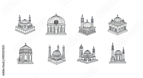 Set of hand drawn mosque icons with minarets and domes illustrating Islamic architecture, perfect for religious and cultural design projects