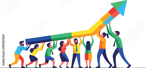 Teamwork driving business growth: Diverse group of people lifting an upward arrow, symbolizing collective success and progress.