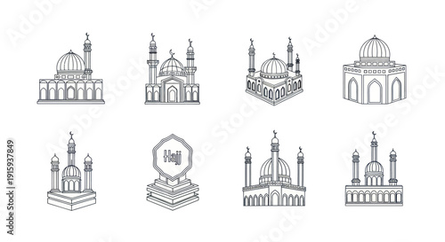 Set of Islamic mosque line art icons with minarets and domes including Hajj monument illustration, perfect for religious and cultural design projects