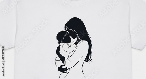 Mother and child hug illustration on white t shirt black line art design love and family concept