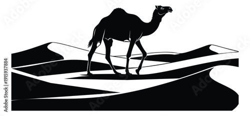 Silhouette illustration of a camel depicting movement across desert dunes for adventure and travel
