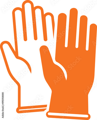Pair of bright orange protective safety gloves shown from a slightly elevated perspective symbolizing hygiene care and industrial work isolated on transparent background