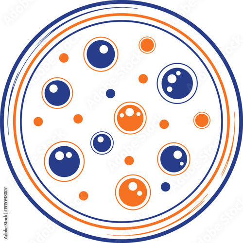 Vibrant blue and orange circular pattern with bubbles on transparent background