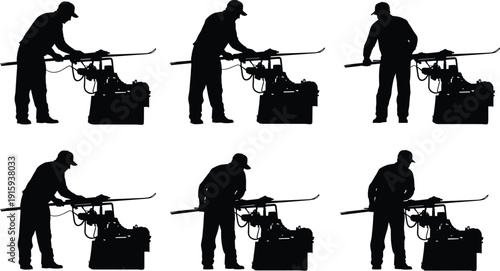 Set of industrial worker silhouettes operating machinery, construction and manufacturing concept, mechanical engineering and factory equipment illustration