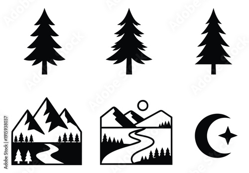 Minimalist flat icons set featuring evergreen trees, mountain landscapes, and a crescent moon with a star for outdoor and spiritual themes