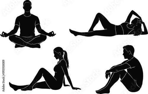 Set of male and female fitness silhouettes practicing yoga, stretching and relaxation poses for healthy lifestyle illustration