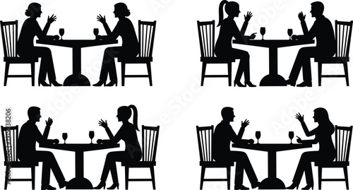 Set of people silhouettes sitting at table having conversation, dating, business meeting and social communication concept illustration
